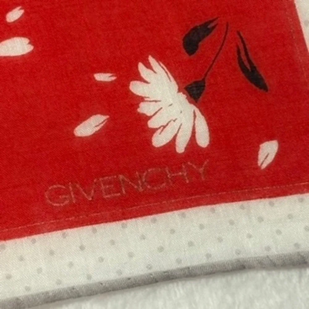 Vtg GIVENCHY Scarf Handkerchief Floral Daisy Red White 17